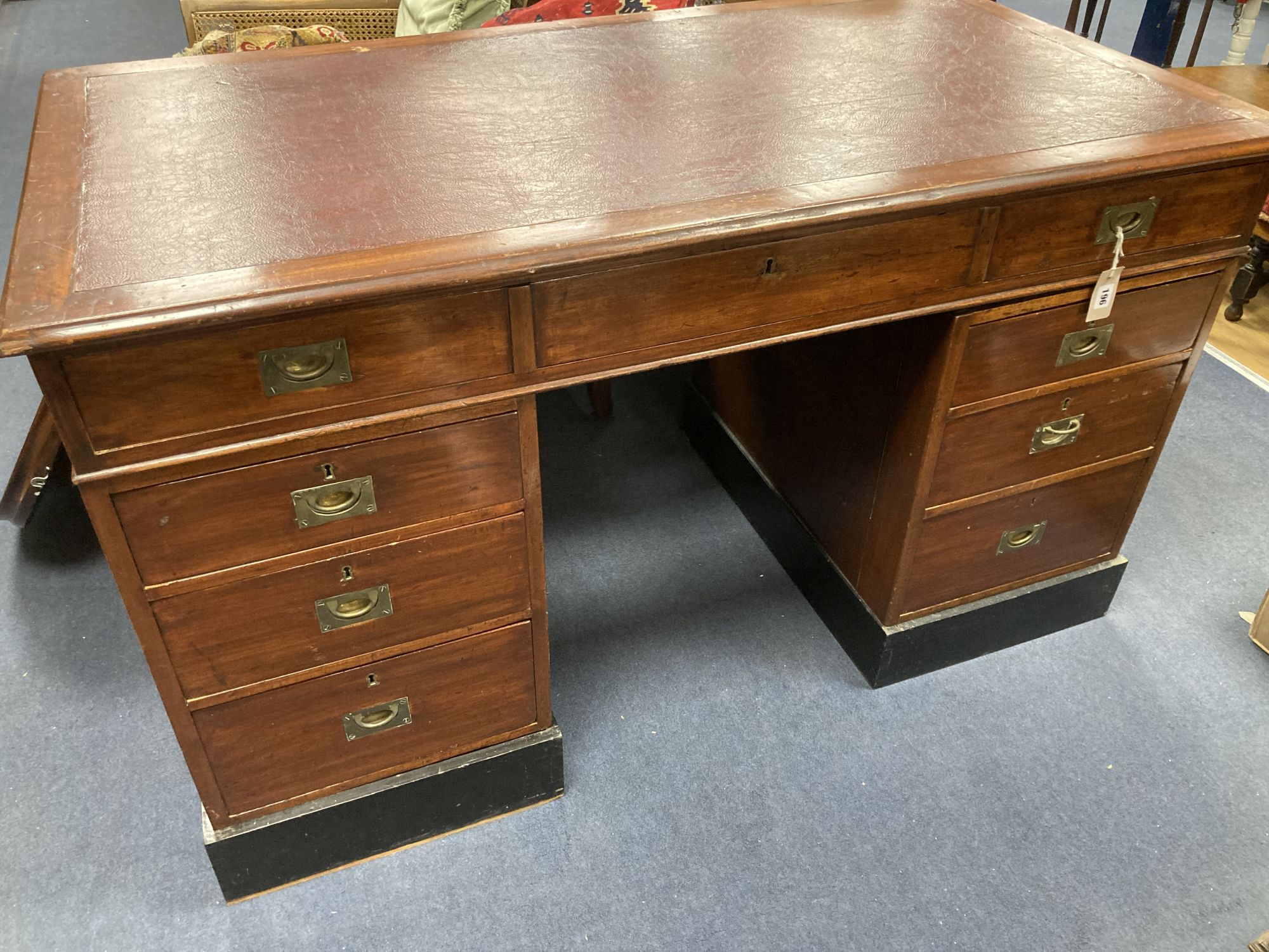 A 19th century and later military style mahogany military pedestal desk, width 140cm, depth 76cm, height 82cm